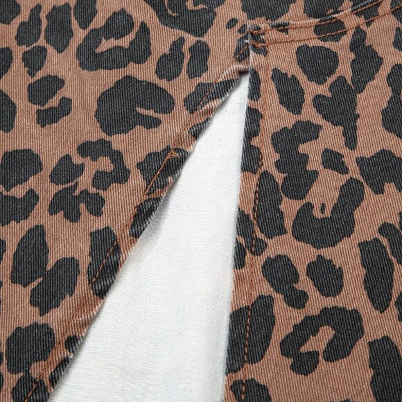 🐆NWT  Brown Leopard Frayed Split Midi Denim Skirt – Chic & Bold! - Picture 9 of 9
